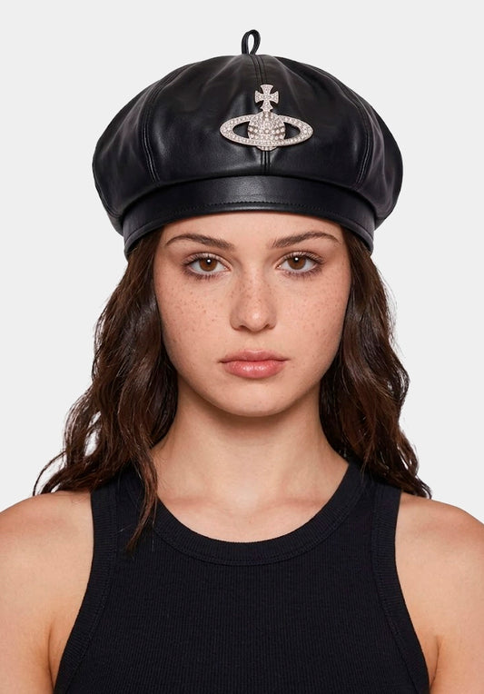 Boina Saturno Negra de Cuerina | Estilo Y2K Harajuku Grunge
