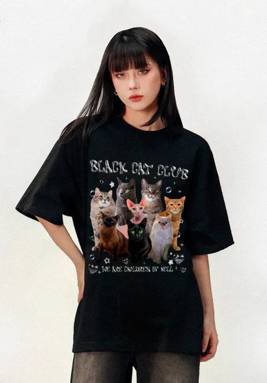 Polera Black Cat Club Negra | Estilo Streetwear Urbano Dark