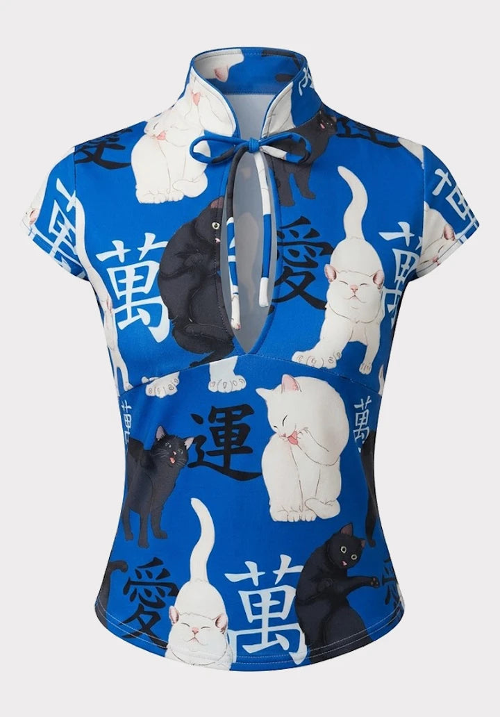Top Estilo Japonés keyhole | Gatos oriental azul estilo y2k harajuku