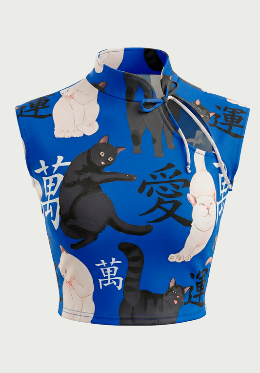Top Estilo Japonés | Gatos oriental azul estilo y2k harajuku