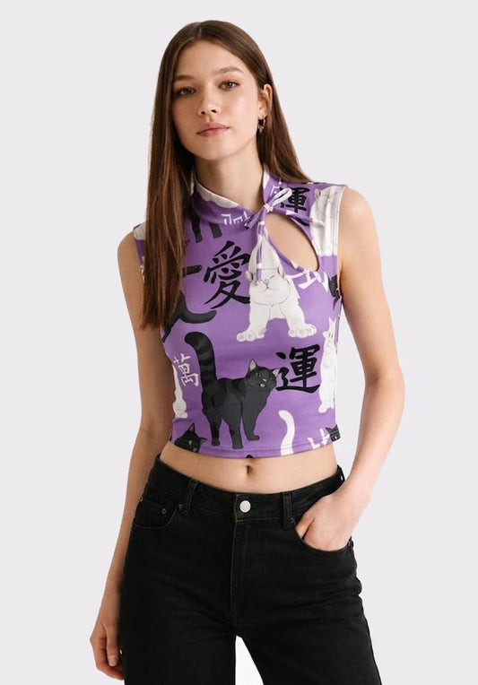 Top Estilo Japonés | Gatos oriental morado estilo y2k harajuku