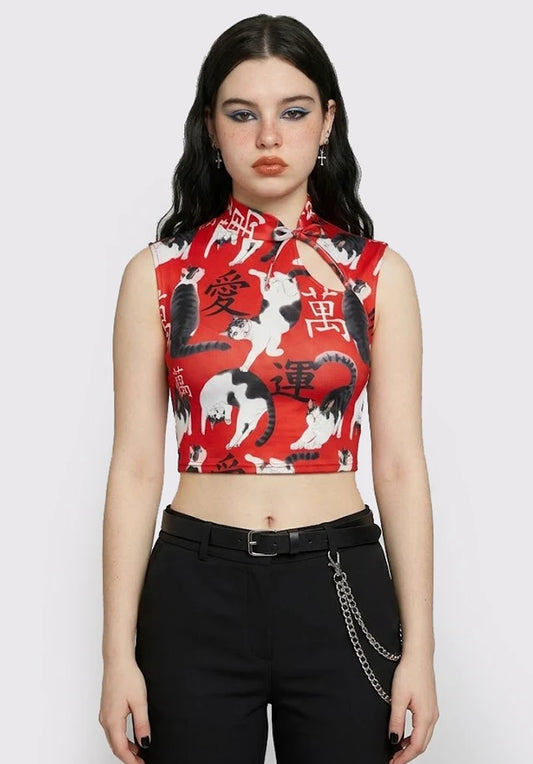 Top Estilo Japonés | Gatos oriental rojo estilo y2k harajuku
