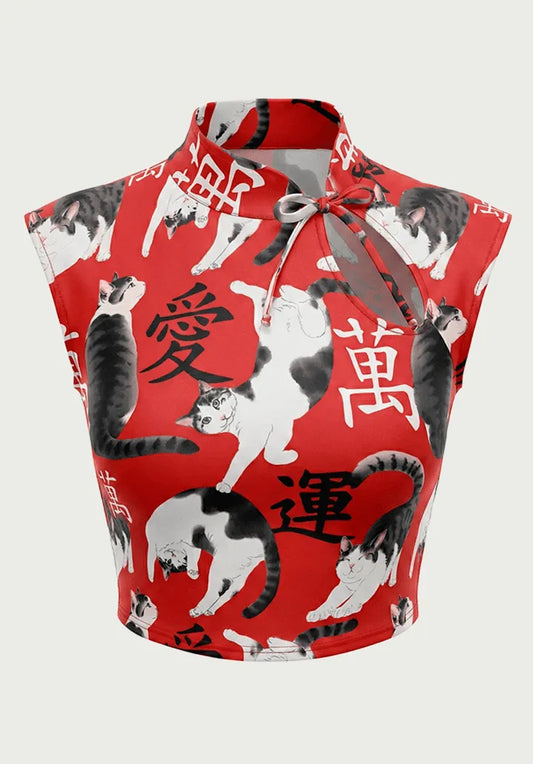 Top Estilo Japonés | Gatos oriental rojo estilo y2k harajuku