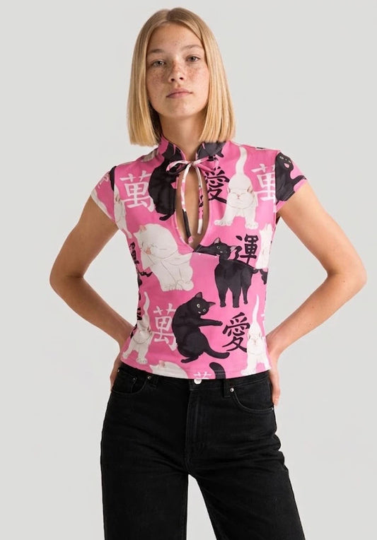 Top Estilo Japonés keyhole | Gatos oriental rosado estilo y2k harajuku