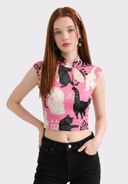 Top Estilo Japonés | Gatos oriental rosado estilo y2k harajuku