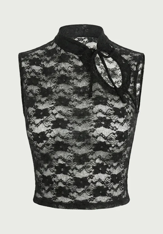 Top Estilo Japonés | Encaje negro Floral estilo y2k harajuku