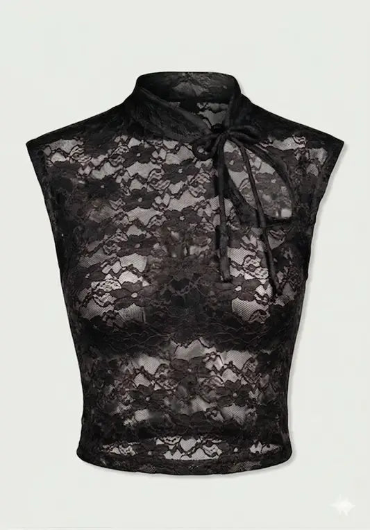 Top Estilo Japonés | Encaje negro Floral estilo y2k harajuku