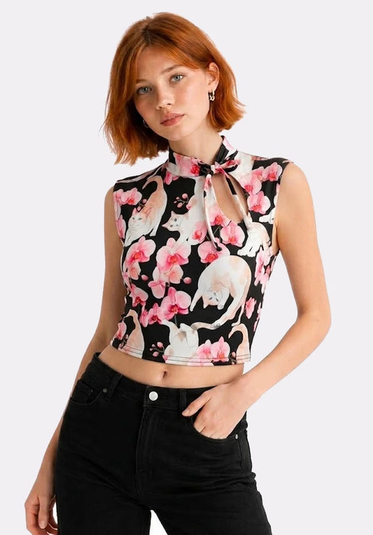 Top Estilo Japonés | Gatos Orquídeas Floral estilo y2k harajuku