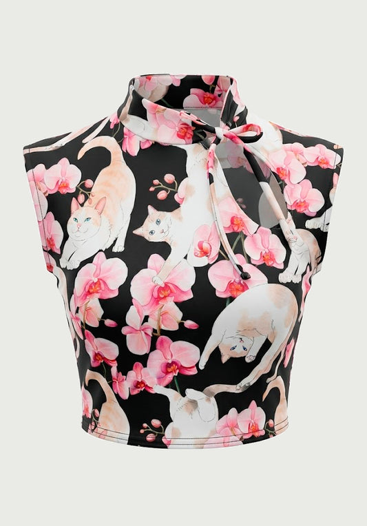Top Estilo Japonés | Gatos Orquídeas Floral estilo y2k harajuku