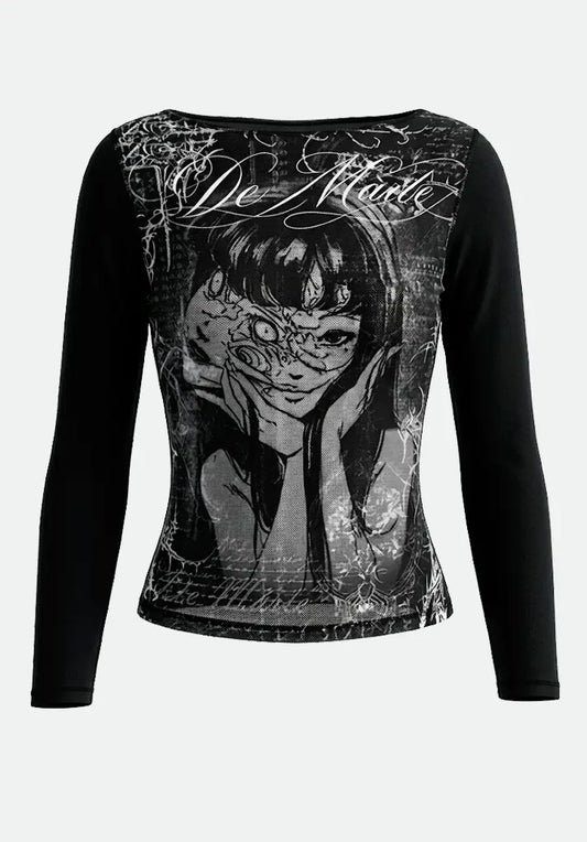 Top Manga Larga – Estampado Gótico Tomie Estilo Y2K