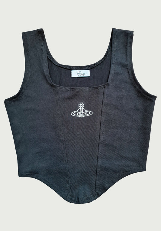 Top tipo corset Saturno – Lycra algodón negro Estilo Y2K