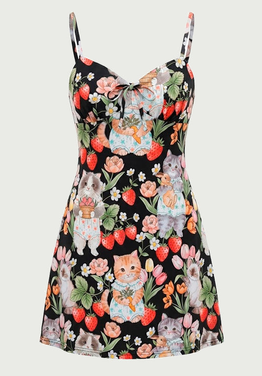 vestido mini con tirantes de verano | Gato vintage y Fresas estilo cute y2k harajuku