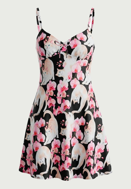 vestido mini con tirantes de verano | Gatos Orquídeas Floral estilo cute y2k harajuku