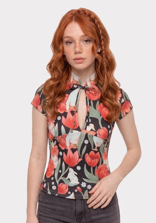 Top Estilo Japonés keyhole | Conejo y Ganso Tulipanes estilo y2k harajuku