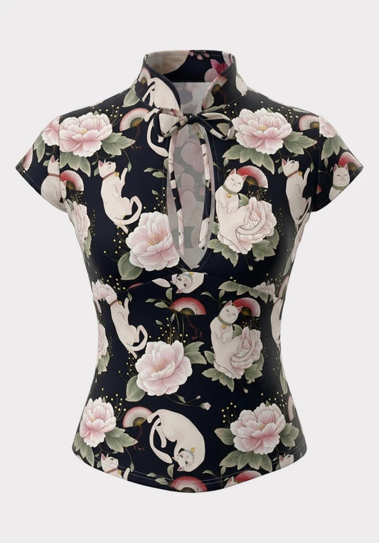 Top Estilo Japonés keyhole | Gatito Rosas Floral estilo y2k harajuku