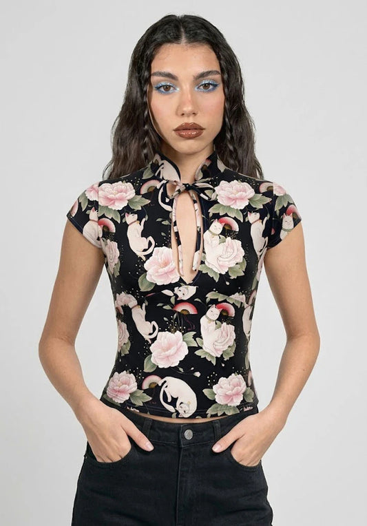 Top Estilo Japonés keyhole | Gatito Rosas Floral estilo y2k harajuku