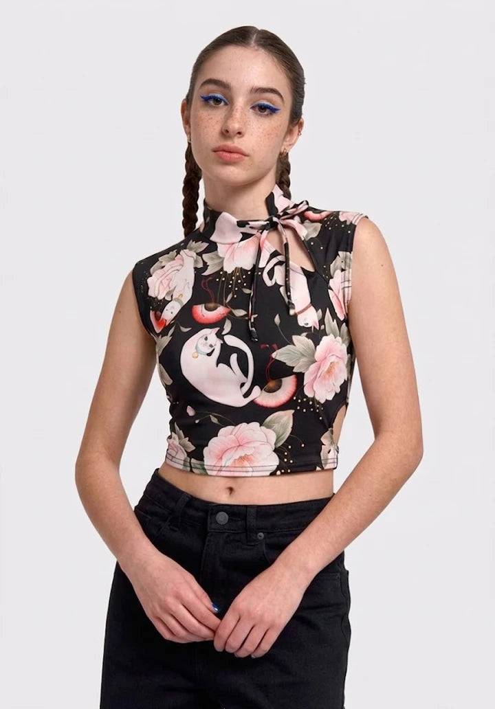Top Estilo Japonés | Gatito Rosas Floral estilo y2k harajuku