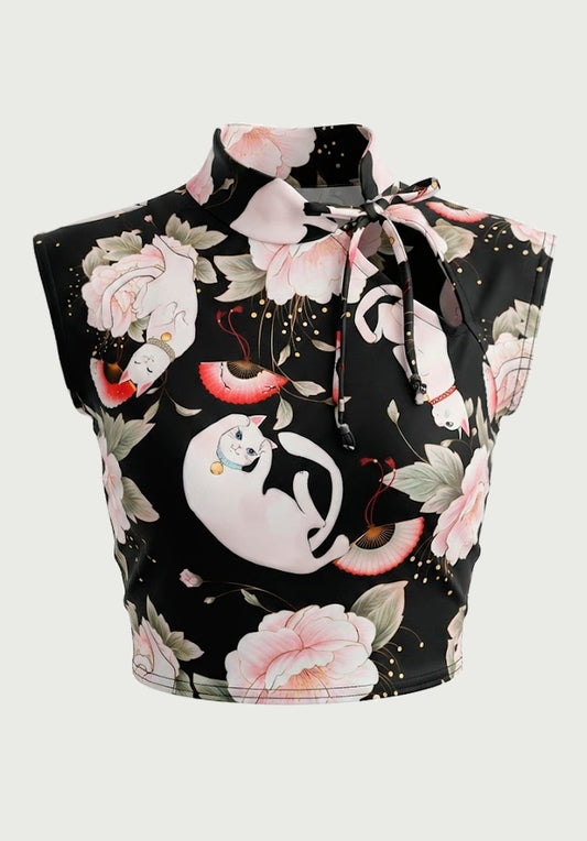 Top Estilo Japonés | Gatito Rosas Floral estilo y2k harajuku