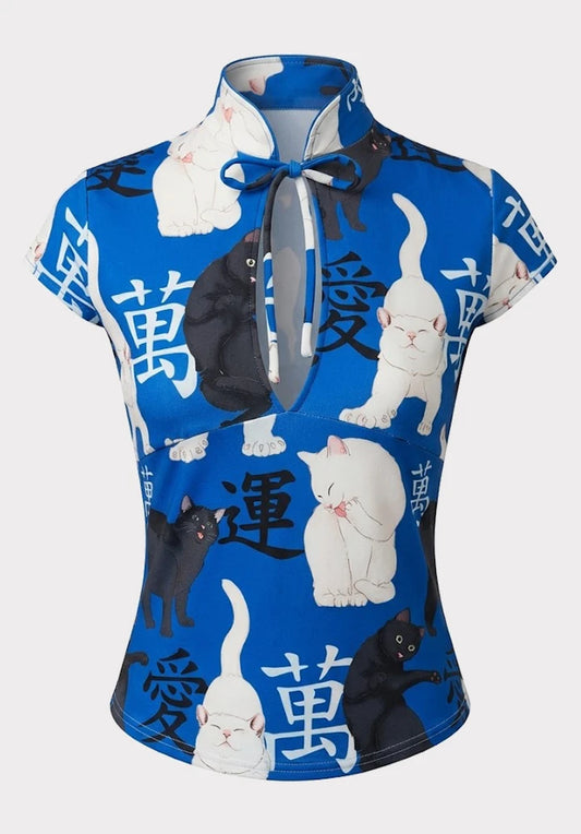 Top Estilo Japonés keyhole | Gatos oriental azul estilo y2k harajuku