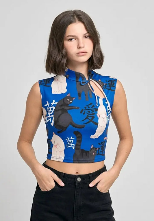Top Estilo Japonés | Gatos oriental azul estilo y2k harajuku