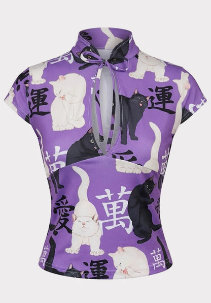 Top Estilo Japonés keyhole | Gatos oriental morado estilo y2k harajuku