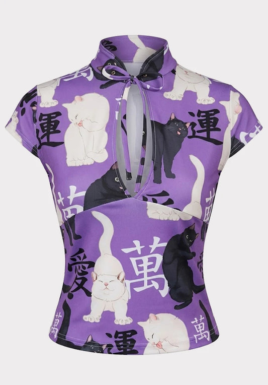 Top Estilo Japonés keyhole | Gatos oriental morado estilo y2k harajuku