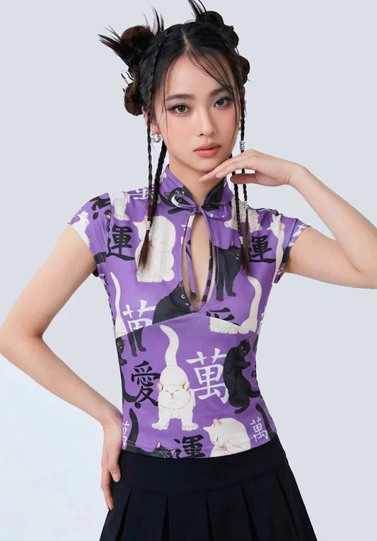 Top Estilo Japonés keyhole | Gatos oriental morado estilo y2k harajuku