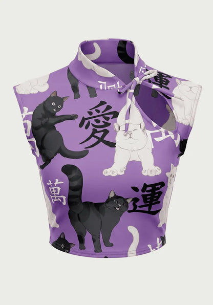 Top Estilo Japonés | Gatos oriental morado estilo y2k harajuku