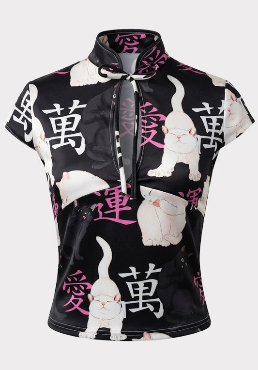 Top Estilo Japonés keyhole | Gatos oriental negro estilo y2k harajuku