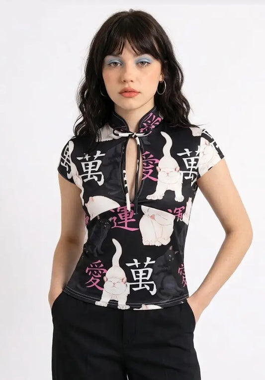 Top Estilo Japonés keyhole | Gatos oriental negro estilo y2k harajuku