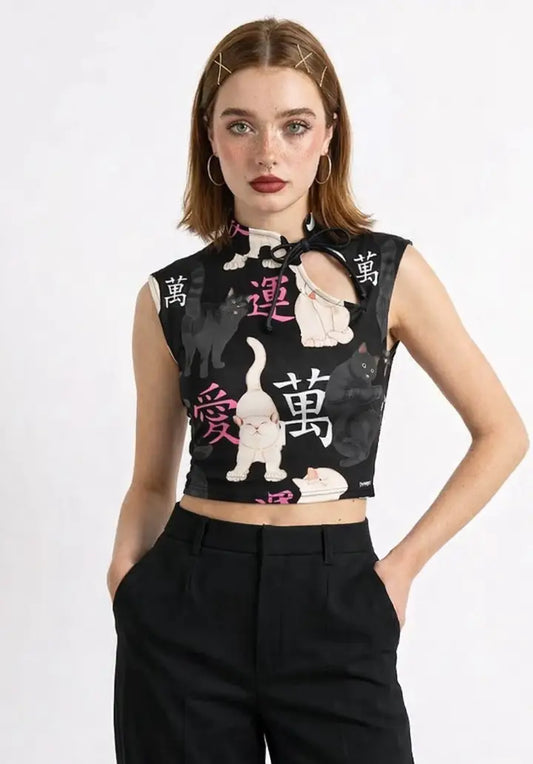 Top Estilo Japonés | Gatos oriental negro estilo y2k harajuku