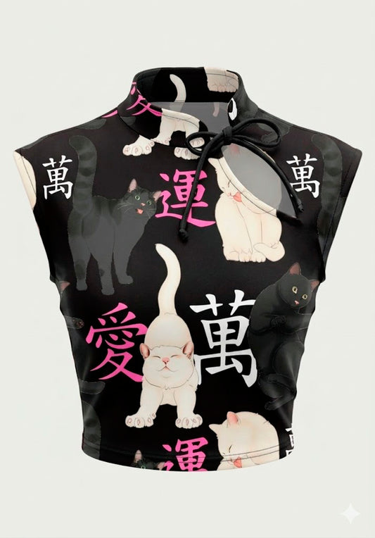 Top Estilo Japonés | Gatos oriental negro estilo y2k harajuku