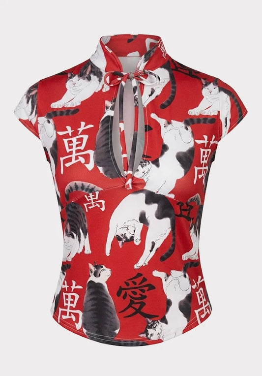 Top Estilo Japonés keyhole | Gatos oriental rojo estilo y2k harajuku