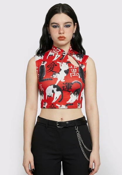 Top Estilo Japonés | Gatos oriental rojo estilo y2k harajuku