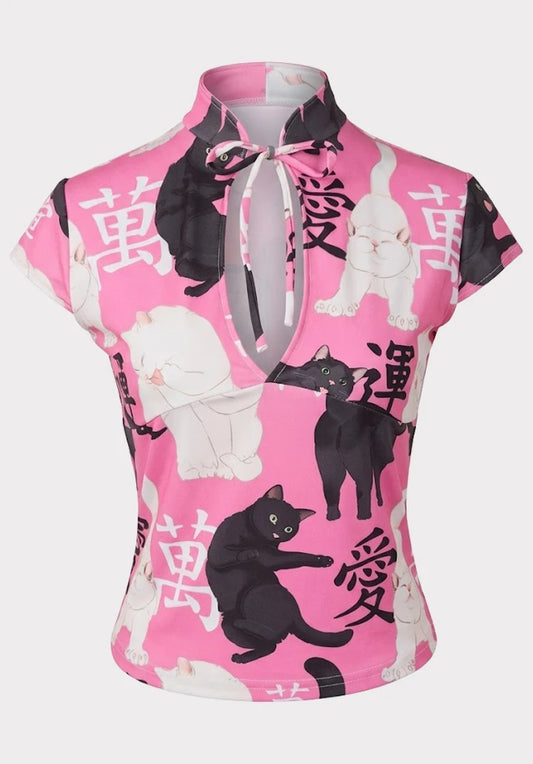 Top Estilo Japonés keyhole | Gatos oriental rosado estilo y2k harajuku