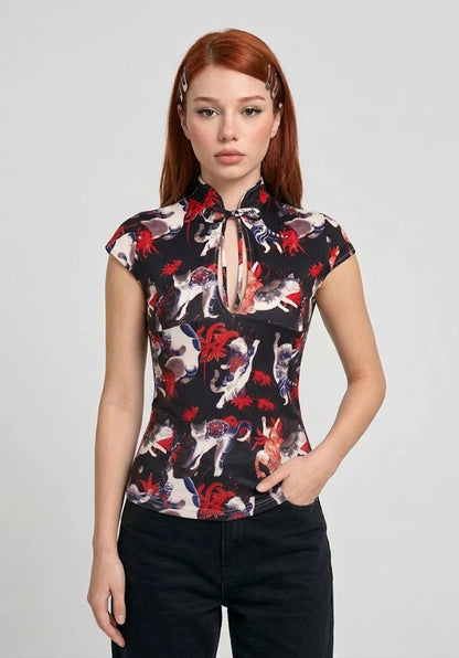 Top Estilo Japonés keyhole | Gatos tatuados estilo y2k harajuku