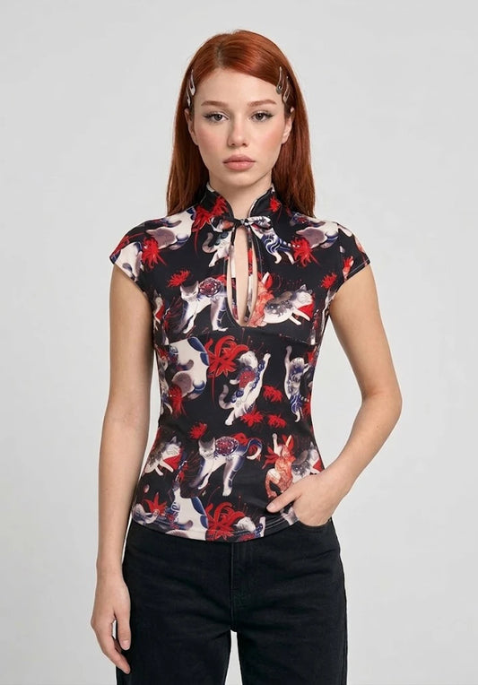 Top Estilo Japonés keyhole | Gatos tatuados estilo y2k harajuku