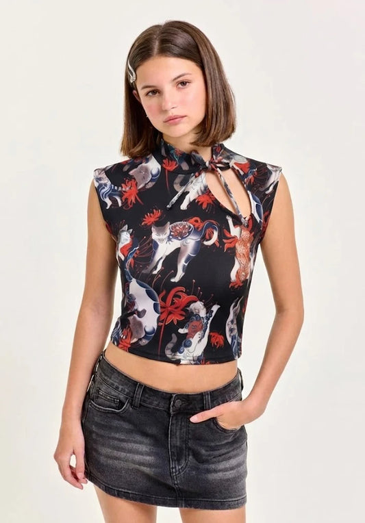 Top Estilo Japonés | Gatos tatuados estilo y2k harajuku