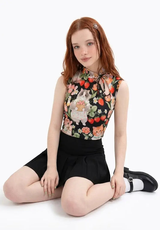 Top Estilo Japonés | Gato vintage y Fresas estilo y2k harajuku