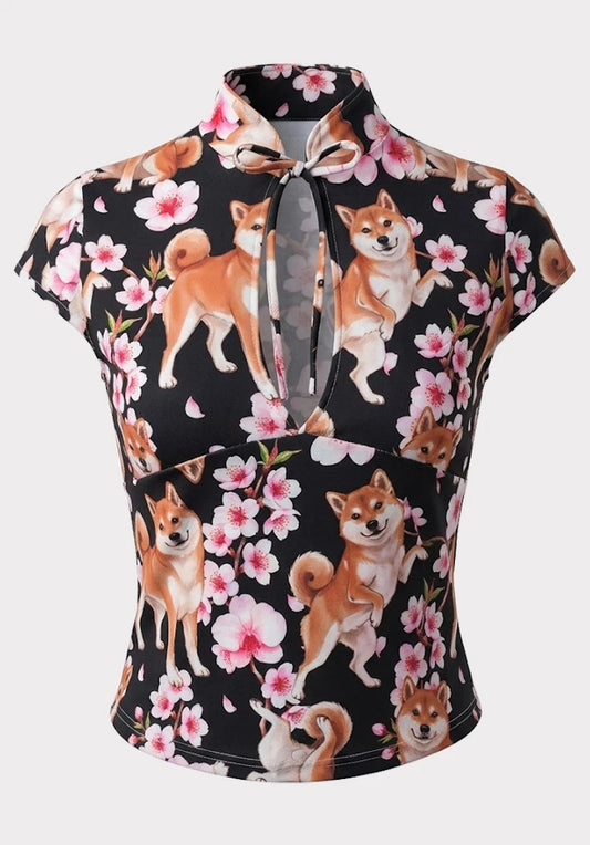 Top Estilo Japonés keyhole | Shiba Inu estilo y2k harajuku
