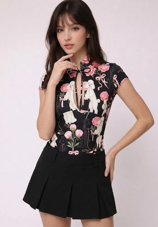 Top Estilo Japonés keyhole | Poodle Coquette Cute estilo y2k harajuku
