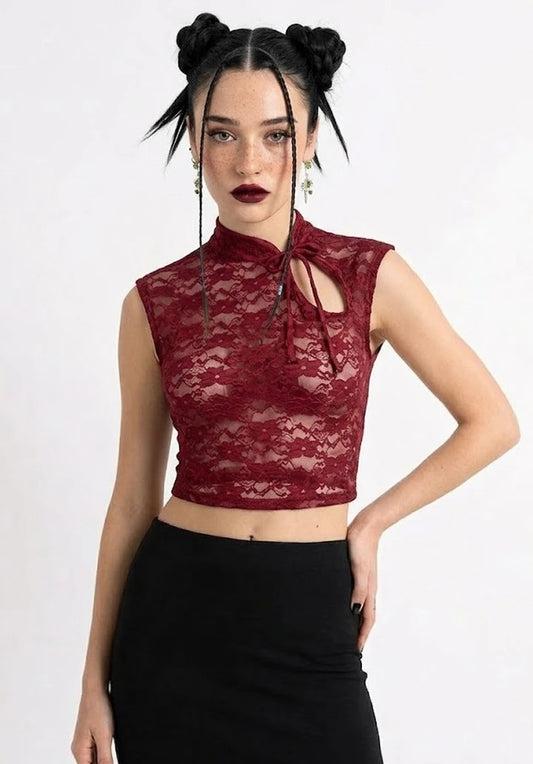 Top Estilo Japonés | Encaje burdeo Floral estilo y2k harajuku
