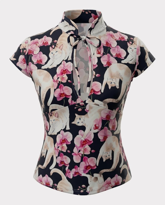 Top Estilo Japonés keyhole | Gatos Orquídeas Floral  estilo y2k harajuku