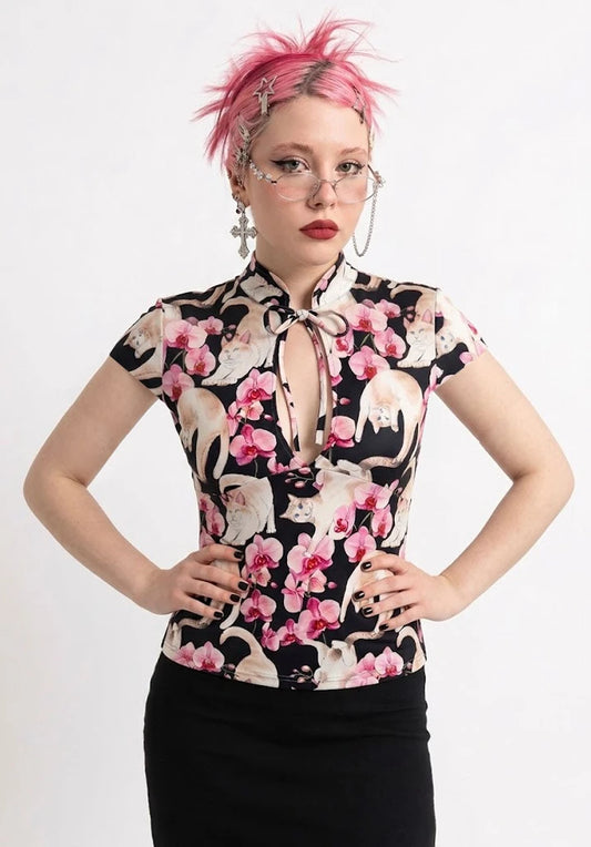 Top Estilo Japonés keyhole | Gatos Orquídeas Floral  estilo y2k harajuku