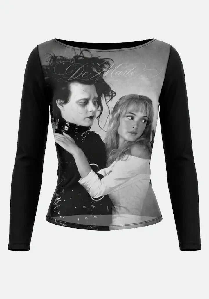 Top Manga Larga – Estampado Gótico Manos de Tijera Estilo Y2K