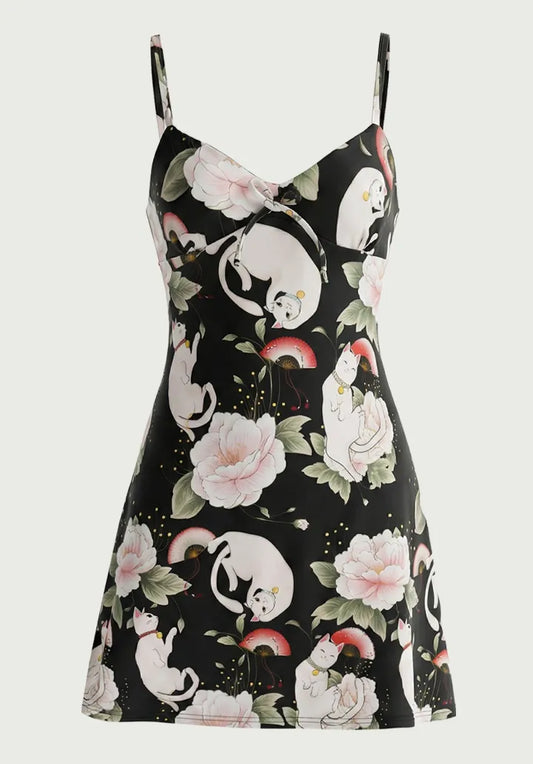 vestido mini con tirantes de verano | gatito rozas floral estilo cute y2k harajuku