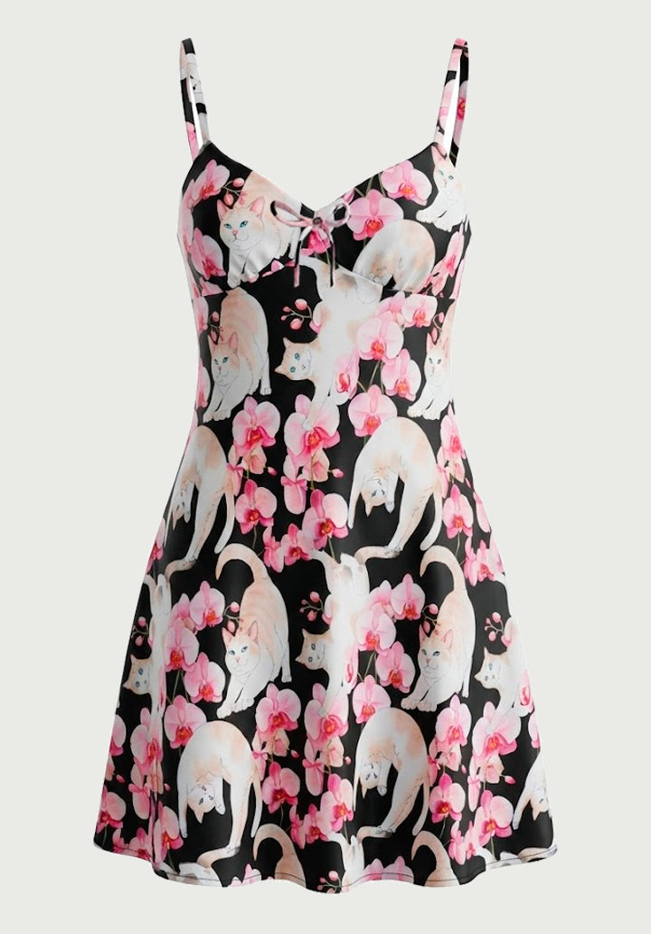 vestido mini con tirantes de verano | Gatos Orquídeas Floral estilo cute y2k harajuku